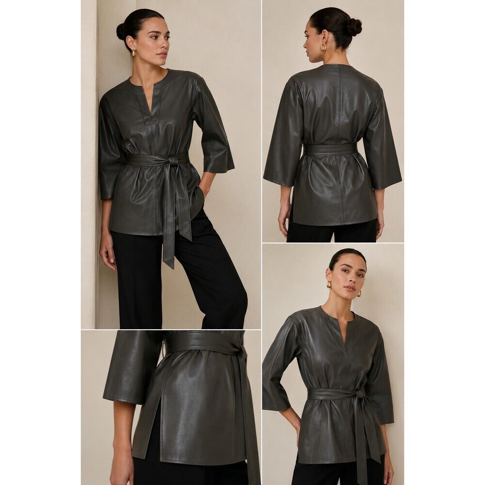 Banana Republic Womens S Olive Faux Leather Belted Tunic Top 3/4 Sleeve - Picture 13 of 13